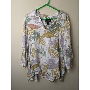 Tahari plus size 3X leaf print floral green yellow 100% linen blouse top
